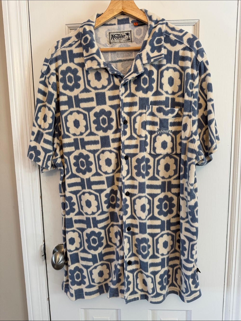 Howler Brothers Terrycloth Navy and Cream Geometric Short Sleeve Button-Down